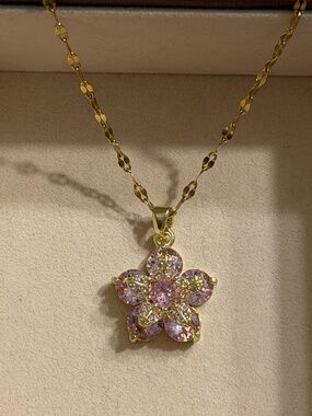 Golden Rose Pink Flower Zirconia Pendant Stainless Steel Stamped Necklace Chain